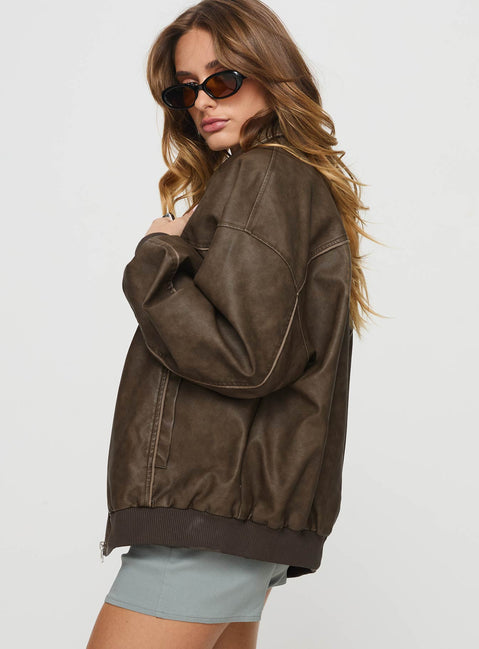 Faux leather bomber jacket  Classic collar, ribbed waistband and cuffs, zip front fastening, twin hip pockets  Non-stretch, fully lined 