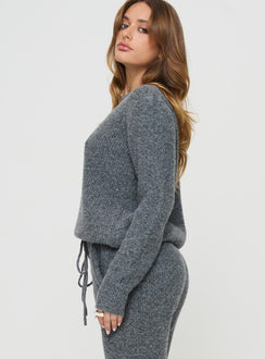 side view of model wearing Princess Polly Abrams Rib Knit Crew Sweater Charcoal Marle regular 