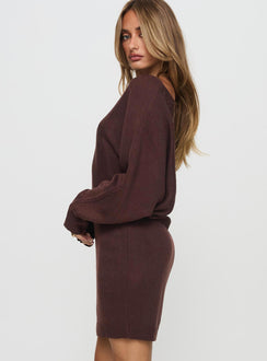 side view of model wearing Princess Polly Bellamie Long Sleeve Mini Dress Chocolate Boat Neck 