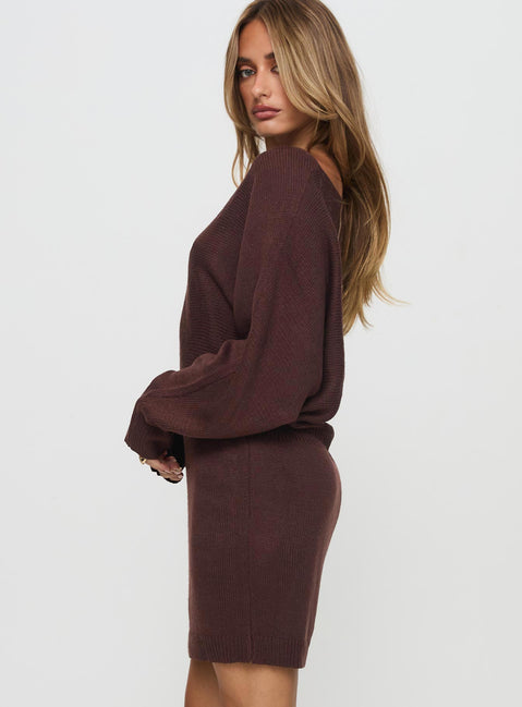 side view of model wearing Princess Polly Bellamie Long Sleeve Mini Dress Chocolate Boat Neck 