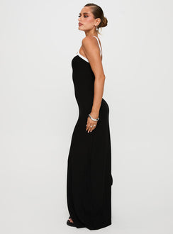 side view of model wearing Princess Polly Austrina Maxi Dress Black Square Neck 