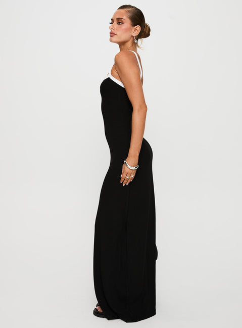 side view of model wearing Princess Polly Austrina Maxi Dress Black Square Neck 