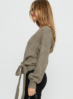 Featuring the Daelan Wrap Knit Cardigan Brown womens-jumpers in short length side view of model wearing Princess Polly