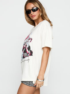 side view of model wearing Princess Polly Monaco Racing 99 Oversized Tee White Half Sleeves Crew Neck 
