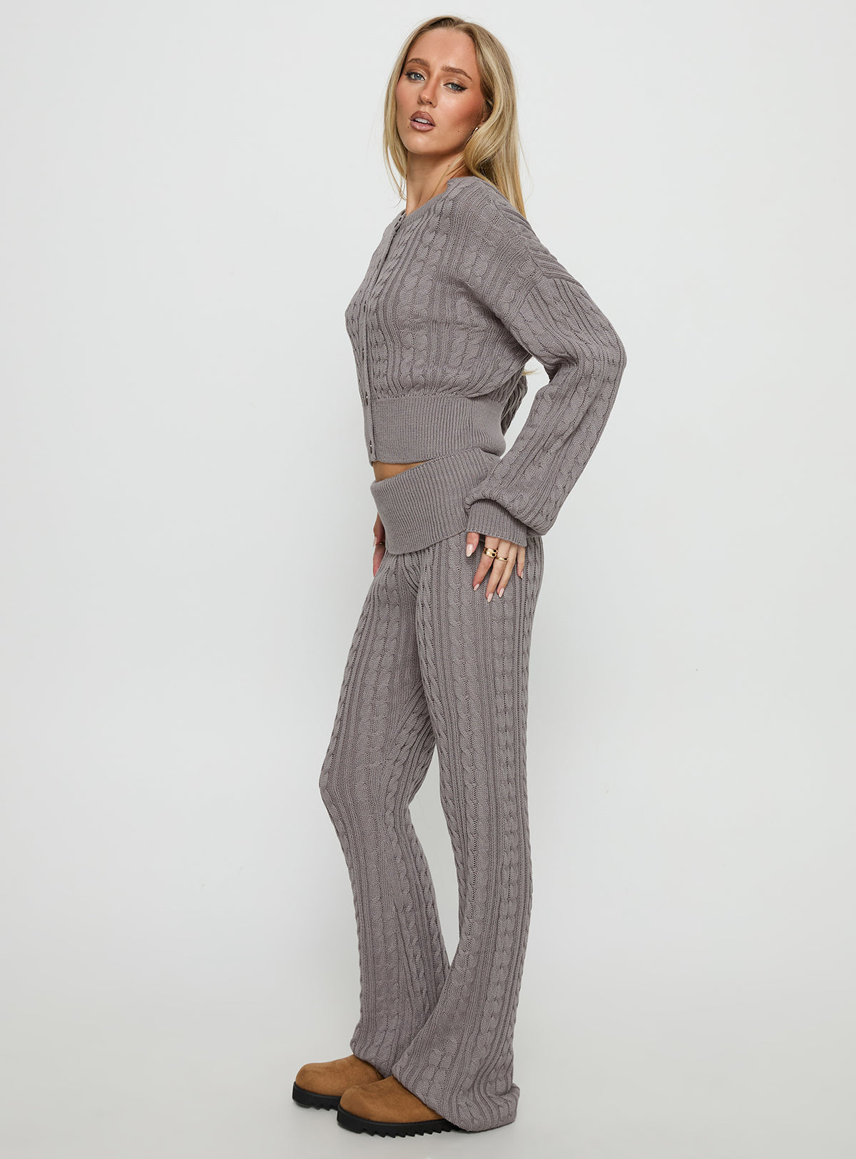 side view of model wearing Princess Polly Baleigh Cable Knit Foldover Pants Grey Mid Rise Pants 