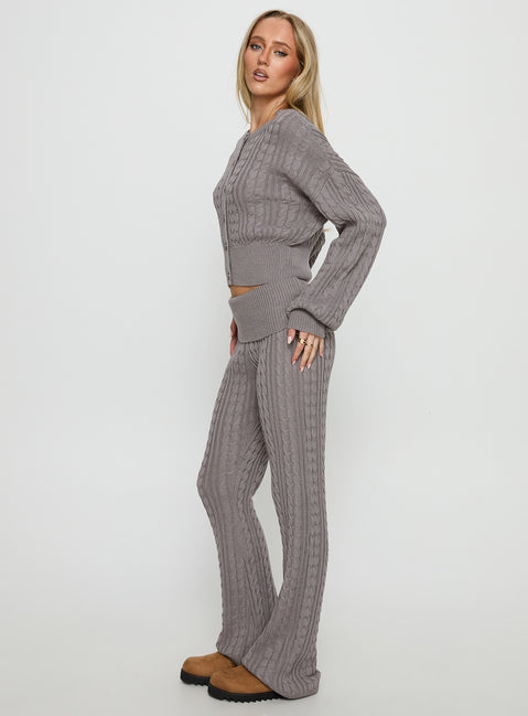 side view of model wearing Princess Polly Baleigh Cable Knit Foldover Pants Grey Mid Rise Pants 