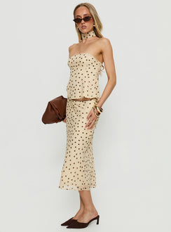   side view of model wearing Princess Polly Sydni Midi Bias Cut Skirt Yellow / Chocolate Polka Midi Skirts Skirts 