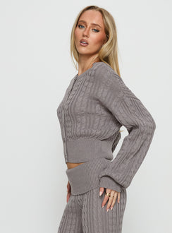 side view of model wearing Princess Polly Baleigh Cable Knit Cardigan Grey Jumpers 