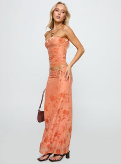   side view of model wearing Princess Polly Mikah Maxi Skirt Orange Maxi Skirts Skirts 