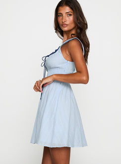side view of model wearing Princess Polly Natilda Mini Dress Blue Square Neck 