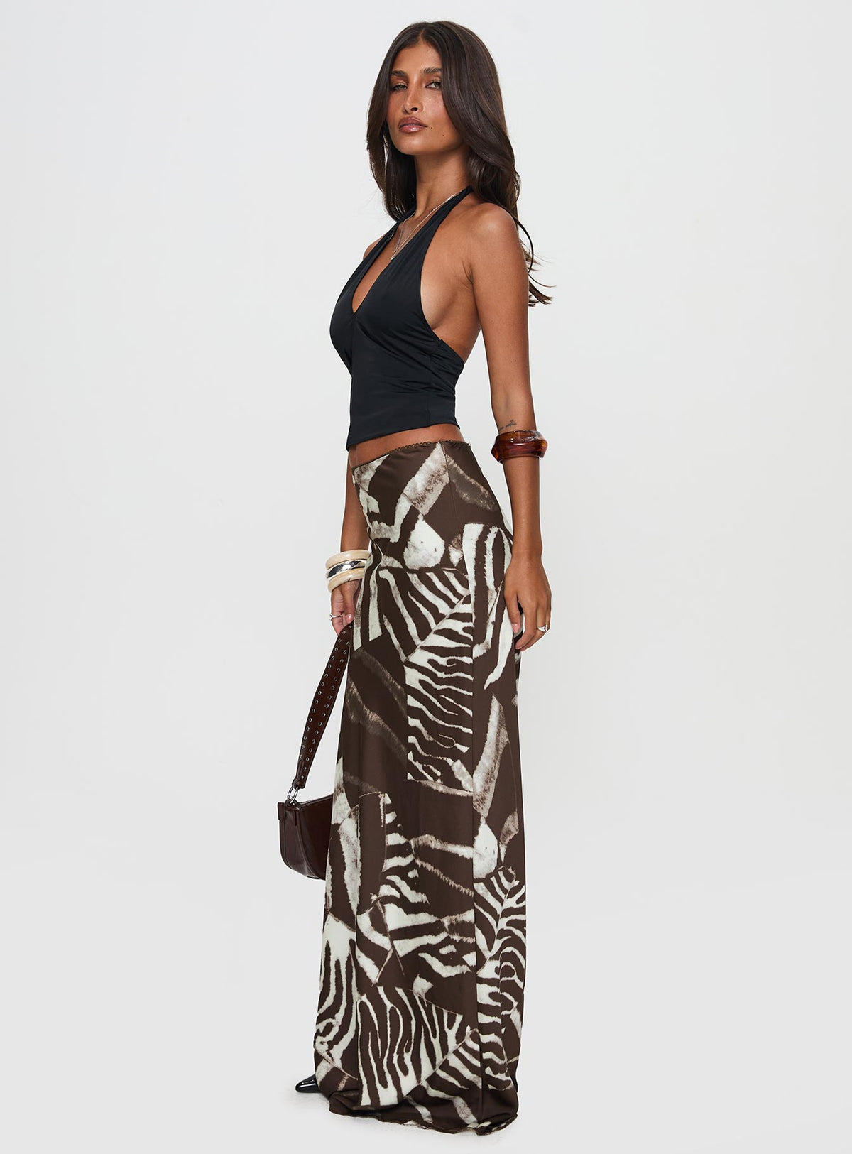   side view of model wearing Princess Polly Rowana Maxi Skirt Multi Maxi Skirts Skirts 