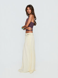   side view of model wearing Princess Polly Velvet Storm Tie Detail Flowy Maxi Skirt Cream Maxi Skirts 