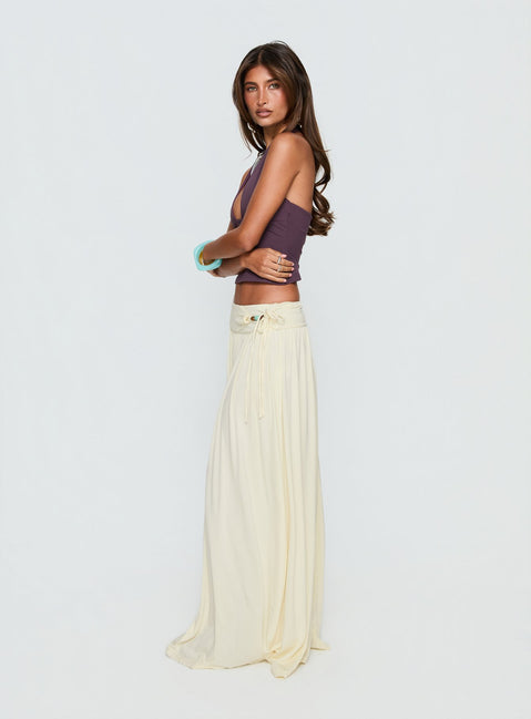   side view of model wearing Princess Polly Velvet Storm Tie Detail Flowy Maxi Skirt Cream Maxi Skirts 
