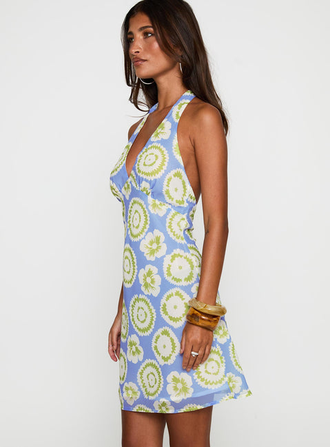 side view of model wearing Princess Polly Neelia Mini Dress Blue / Yellow Plunger 