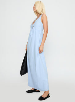 side view of model wearing Princess Polly Elyza Maxi Dress Blue Plunger 