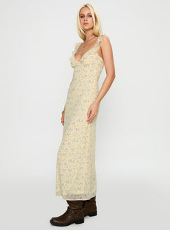 side view of model wearing Princess Polly Jayne Frill Maxi Dress Multi Plunger 