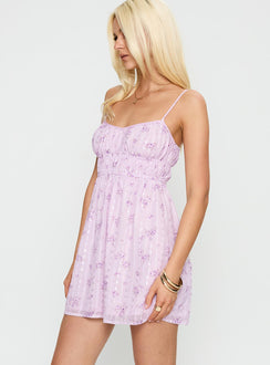 side view of model wearing Princess Polly Wysteria Mini Dress Purple / Multi Sweetheart Neckline 