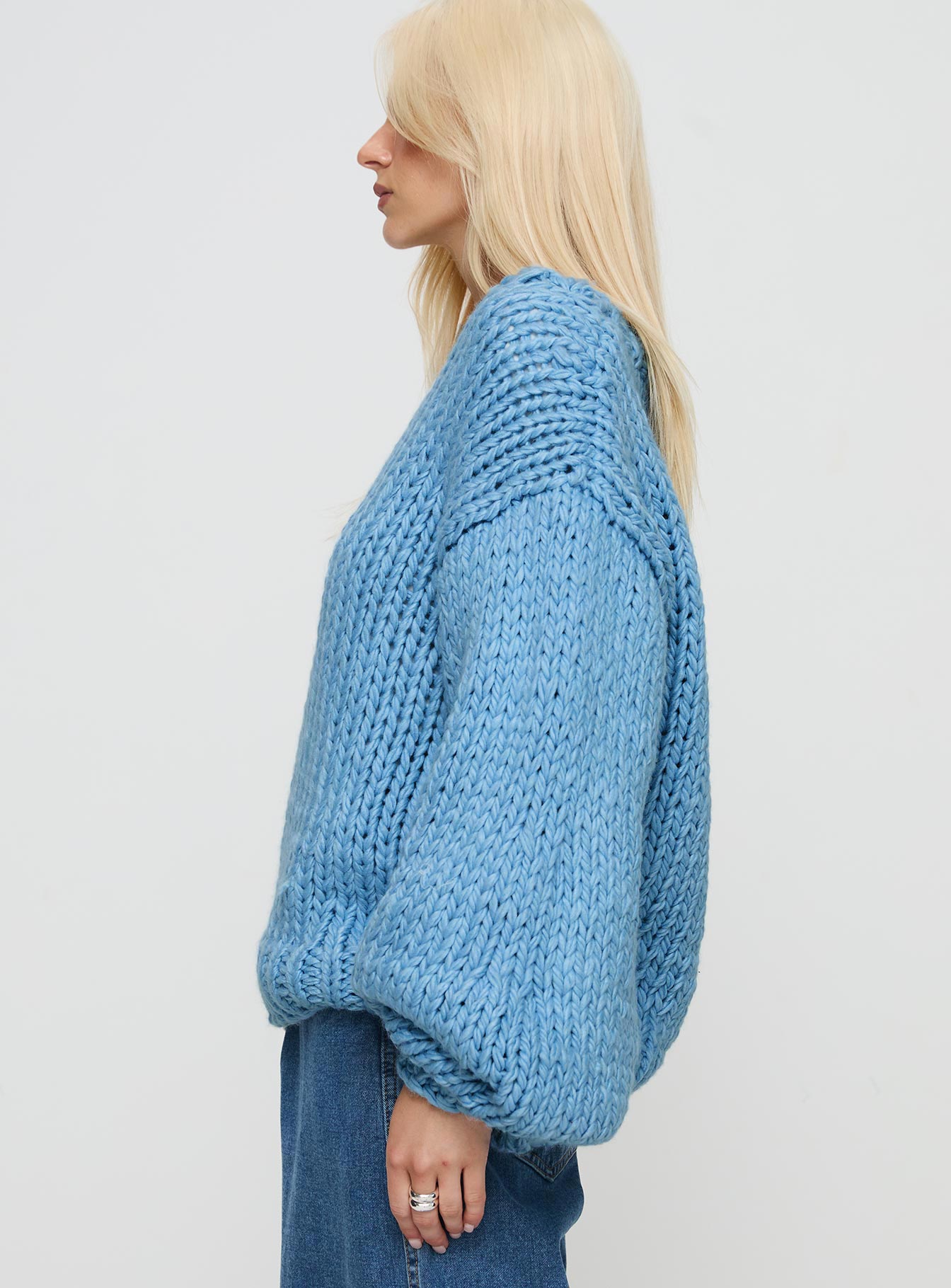 back view of model wearing Princess Polly Arrowtown Hand Knit Sweater Blue Long 