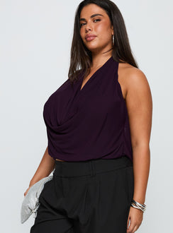 side view of model wearing Princess Polly Carefree Days Cowl Neck Top Purple Curve Sleeveless Cowl 