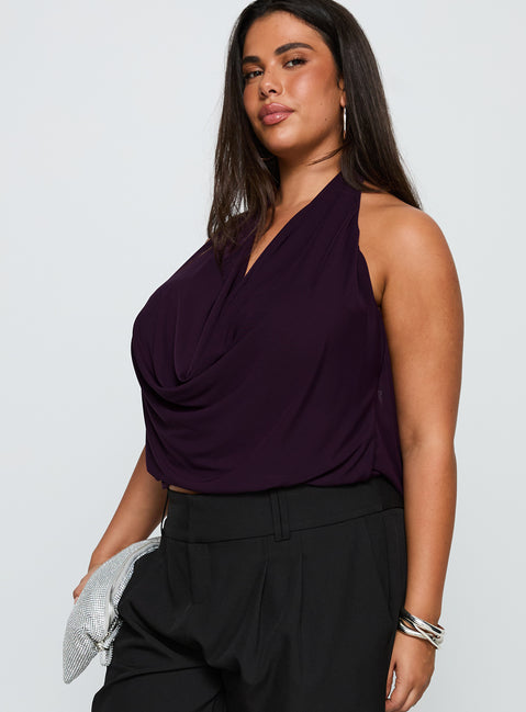 side view of model wearing Princess Polly Carefree Days Cowl Neck Top Purple Curve Sleeveless Cowl 