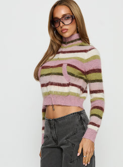 side view of model wearing Princess Polly Keeva Zip Through Knit Jumper Pink / Green Stripe 