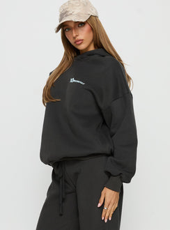 side view of model wearing Princess Polly Princess Polly Stargirl Hoodie Charcoal Longline Jumpers Jumpers 