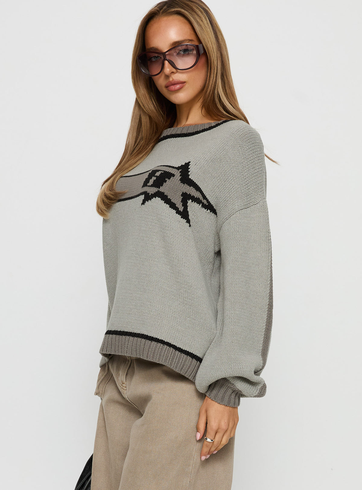 side view of model wearing Princess Polly Star Track Graphic Jumper Grey Longline Jumpers 