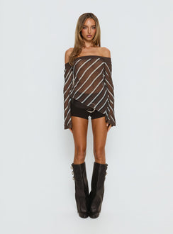 Trinkie Long Sleeve Off Shoulder Chiffon Top Navy Stripe