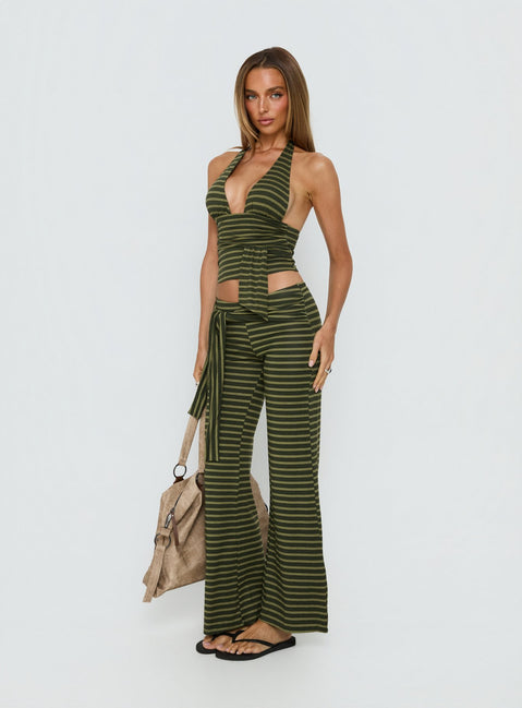 side view of model wearing Princess Polly Esata Tie Detail Pants Green Stripe Mid Rise Pants 