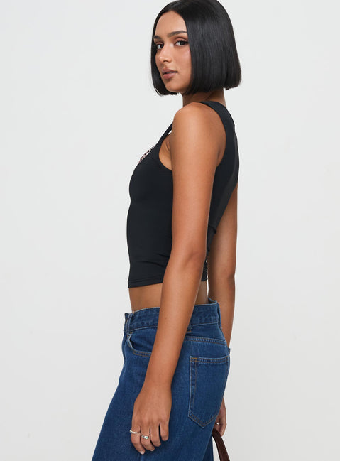 side view of model wearing Princess Polly Xandi Top Black Leopard Sleeveless Square Neck 