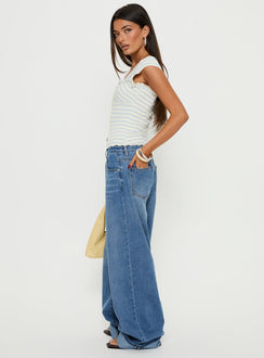 side view of model wearing Princess Polly Jacobie Mid Rise Wide Leg Jeans Mid Blue Wash Mid Rise Jeans 