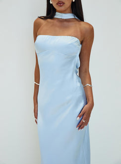 side view of model wearing Princess Polly Legacies Strapless Maxi Dress Icy Blue Petite Straight Neck 