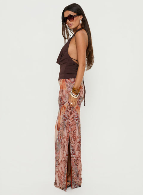   side view of model wearing Princess Polly Dorella Spliced Maxi Skirt Pink Multi 