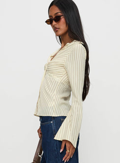side view of model wearing Princess Polly Life Begins Long Sleeve Lace Trim Top Cream Stripe Full Sleeves V-Neck 