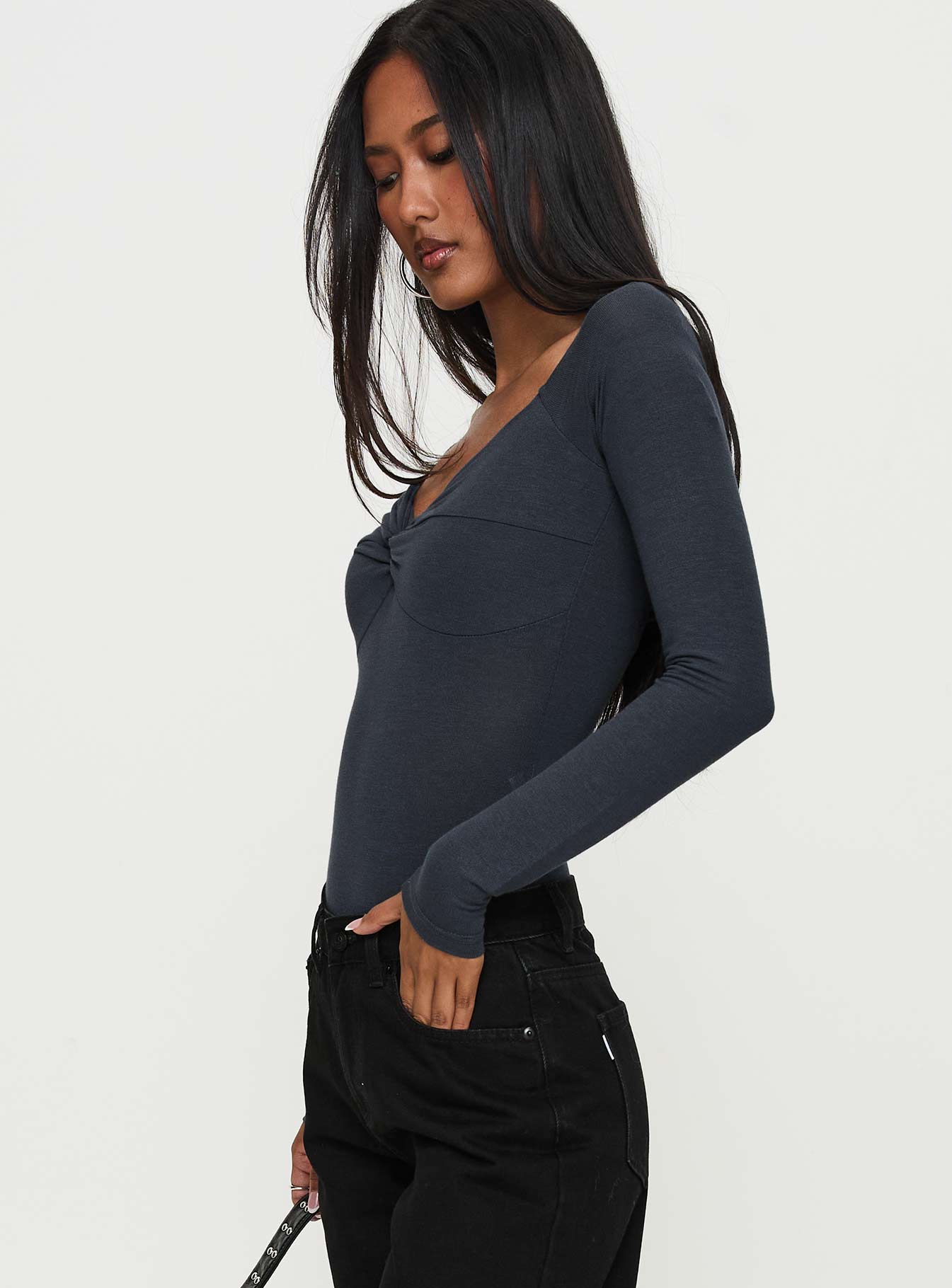 side view of model wearing Princess Polly Heart Mend Long Sleeve Off The Shoulder Bodysuit Blue Long Sleeve Tops 