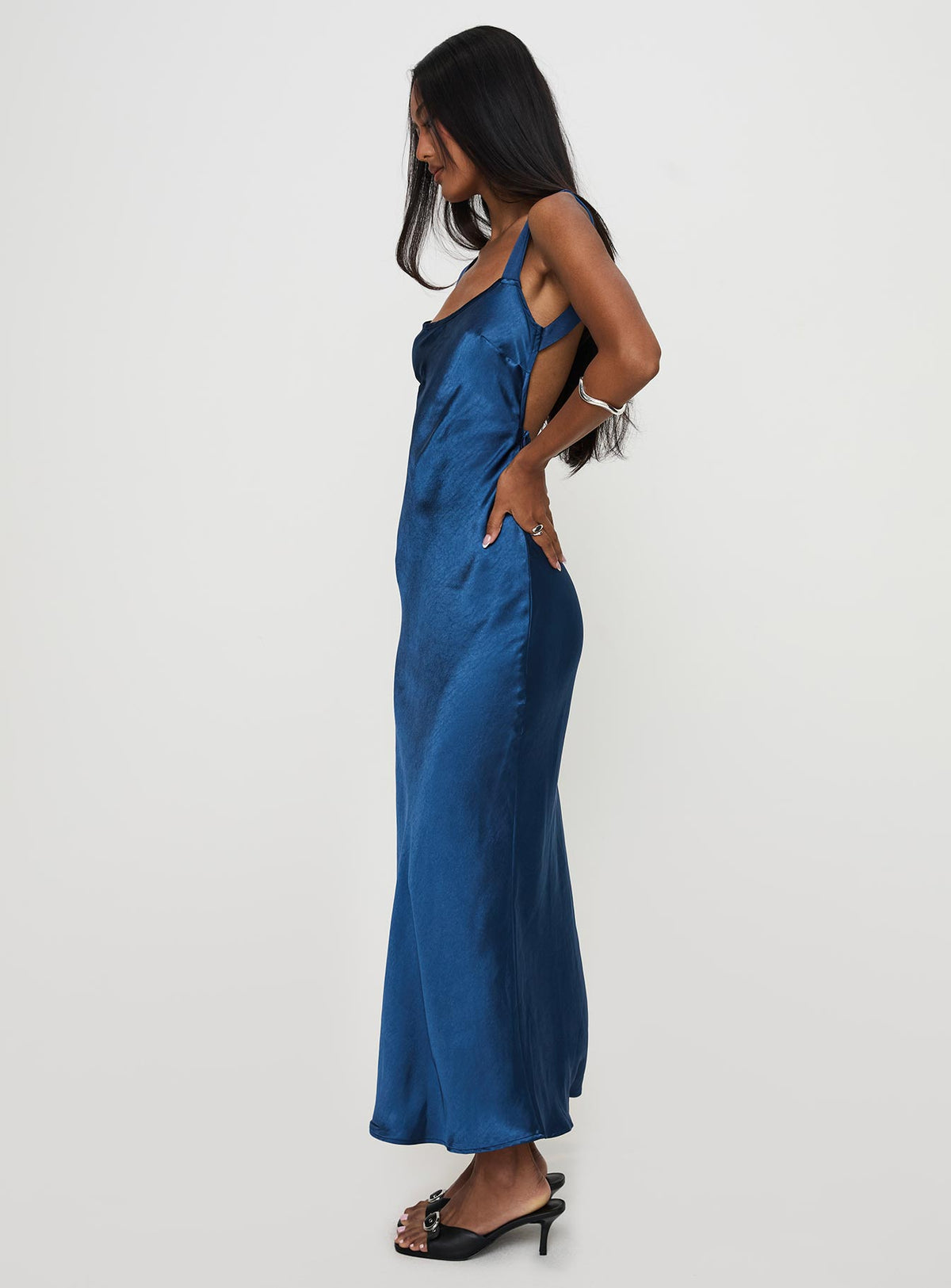 side view of model wearing Princess Polly Emiliana Maxi Dress Blue Scoop Neck 
