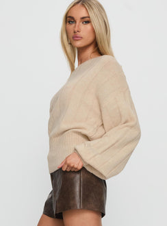 side view of model wearing Princess Polly Jackeline Off Shoulder Rib Jumper Cream 