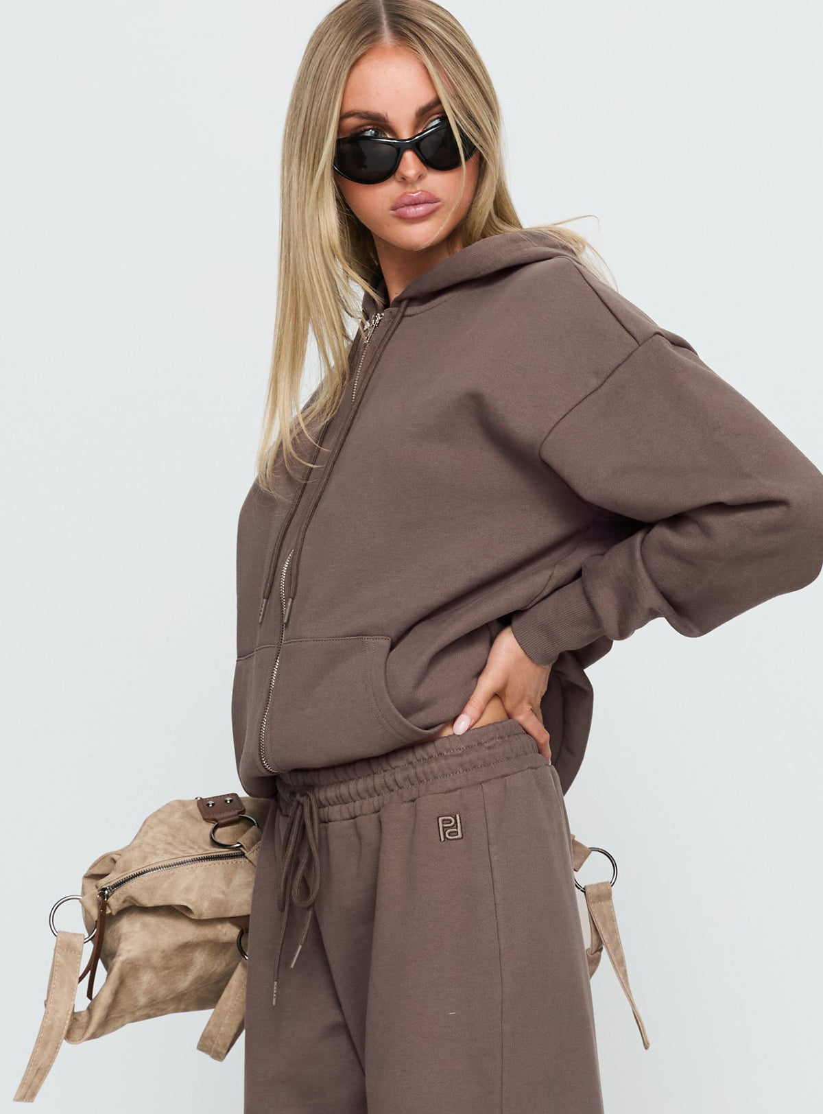 side view of model wearing Princess Polly All Day Oversized Hoodie Mocha Longline Jumpers 