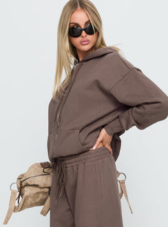 side view of model wearing Princess Polly All Day Oversized Hoodie Mocha Longline Jumpers 