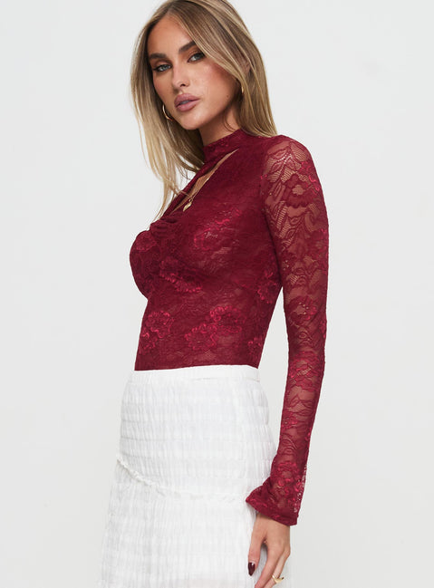 side view of model wearing Princess Polly Twisted Humour Long Sleeve Lace Bodysuit Burgundy Long Sleeve Tops 