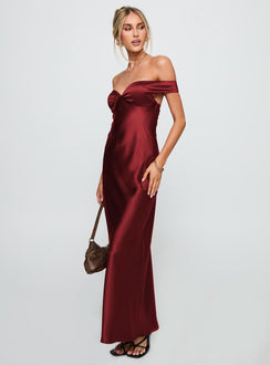 back view of model wearing Princess Polly Heartthrobs Off The Shoulder Maxi Dress Red Sweetheart Neckline 