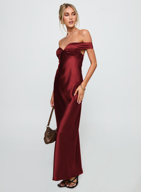 back view of model wearing Princess Polly Heartthrobs Off The Shoulder Maxi Dress Red Sweetheart Neckline 