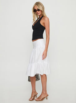   side view of model wearing Princess Polly Cascades Low Rise Midi Skirt White Midi Skirts 