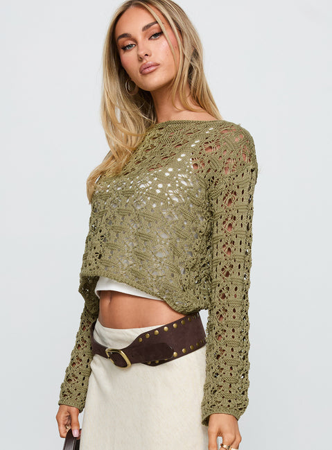 side view of model wearing Princess Polly Birdena Sweater Green Cropped Jumpers Jumpers 