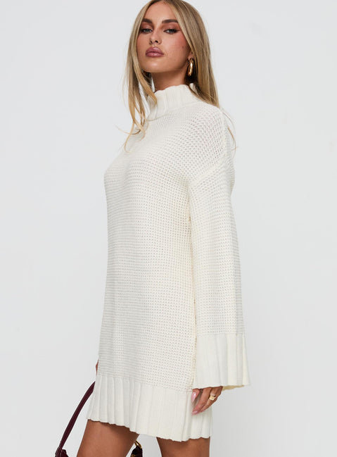 side view of model wearing Princess Polly Tarin Knit Mini Dress Cream High Neck 