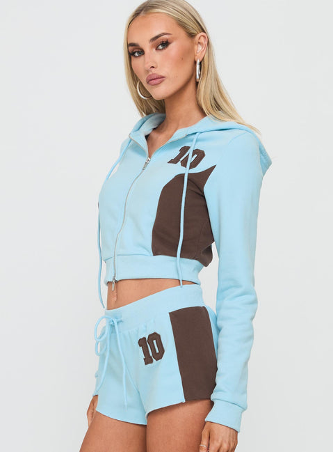 side view of model wearing Princess Polly Notable Double Zipper Jumper Blue cropped 