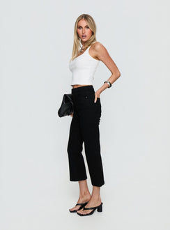 side view of model wearing Princess Polly Cindee High Rise Cropped Jeans Jet Black High Rise Jeans 
