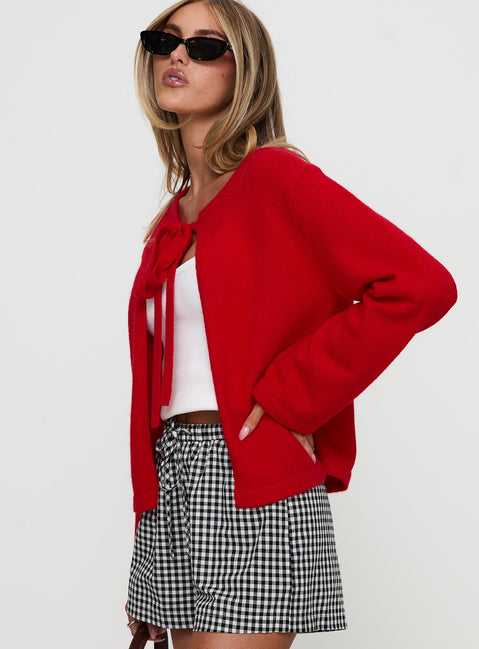 side view of model wearing Princess Polly Norine Tie Up Knit Sweater Red Cropped 