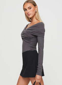 side view of model wearing Princess Polly Sundlow Off Shoulder Bodysuit Slate Long Sleeve Tops 