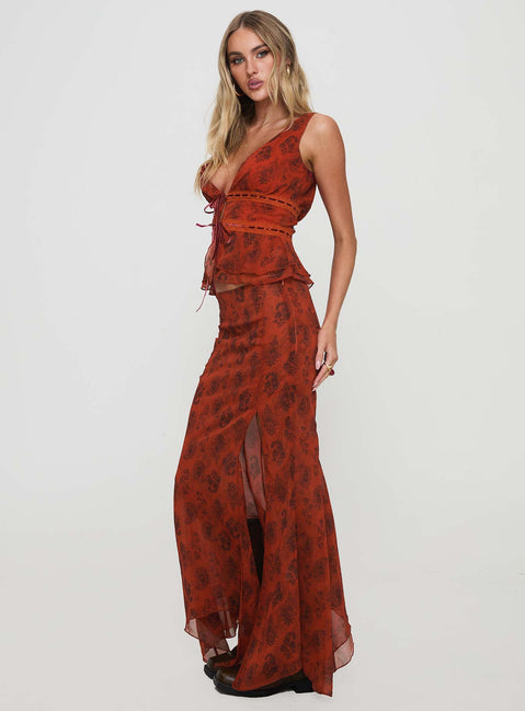   side view of model wearing Princess Polly Nikolise Maxi Skirt Red Maxi 